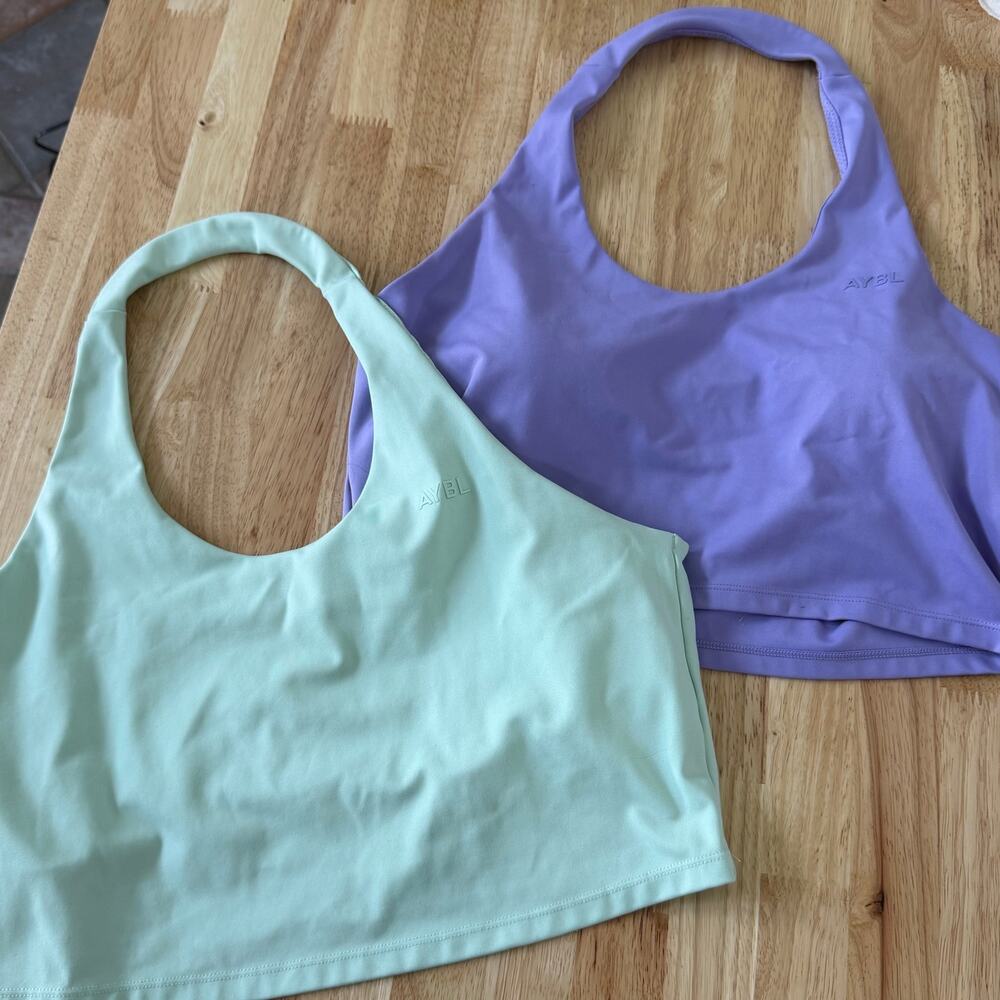 Aybl Womens XXL Stretch Athletic Halter Style Bra Tops Green Purple Workout